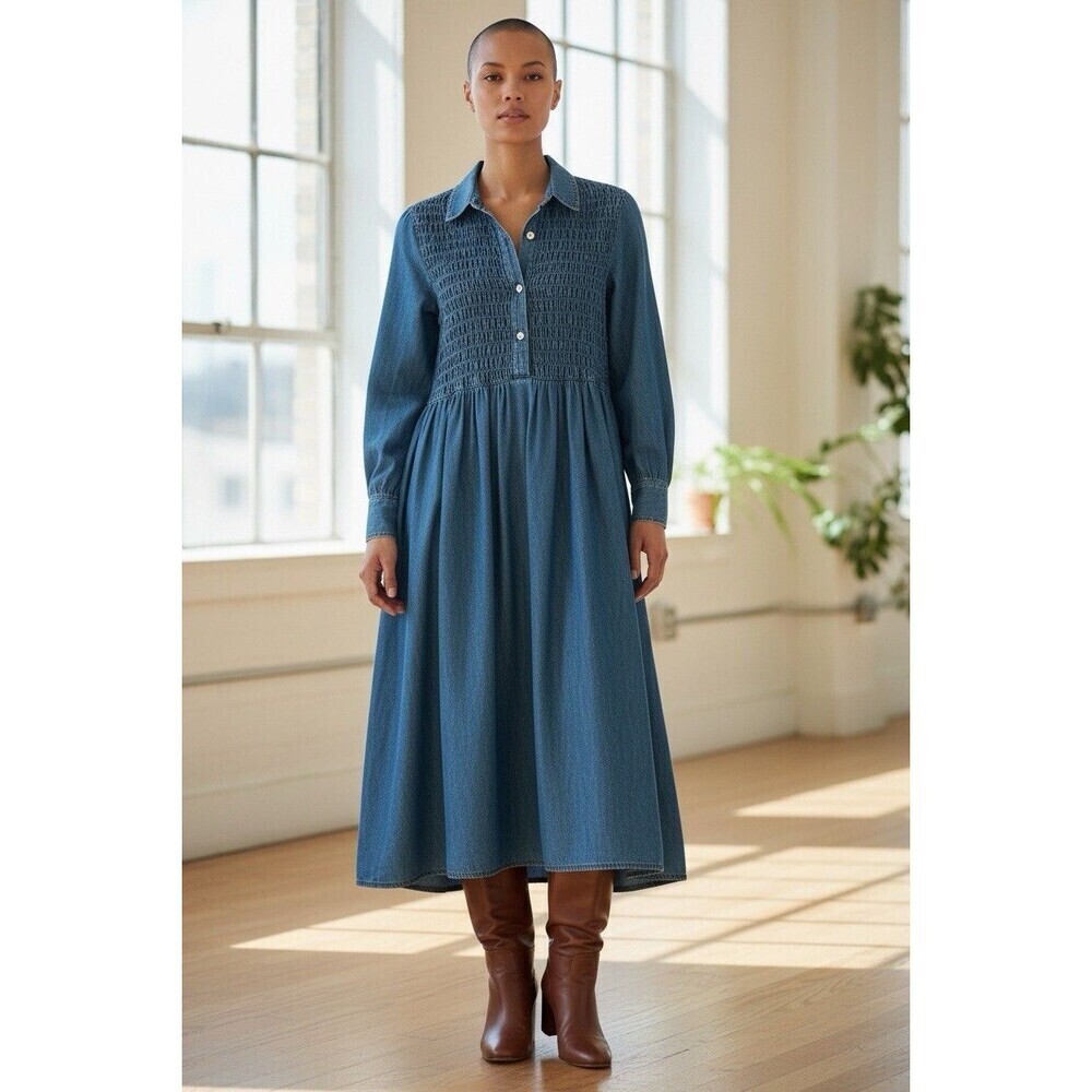 Flora C Vintage 100% Cotton 80’s 90’s Denim Dress Smocked Bodice Made In USA 14 - Picture 7 of 7